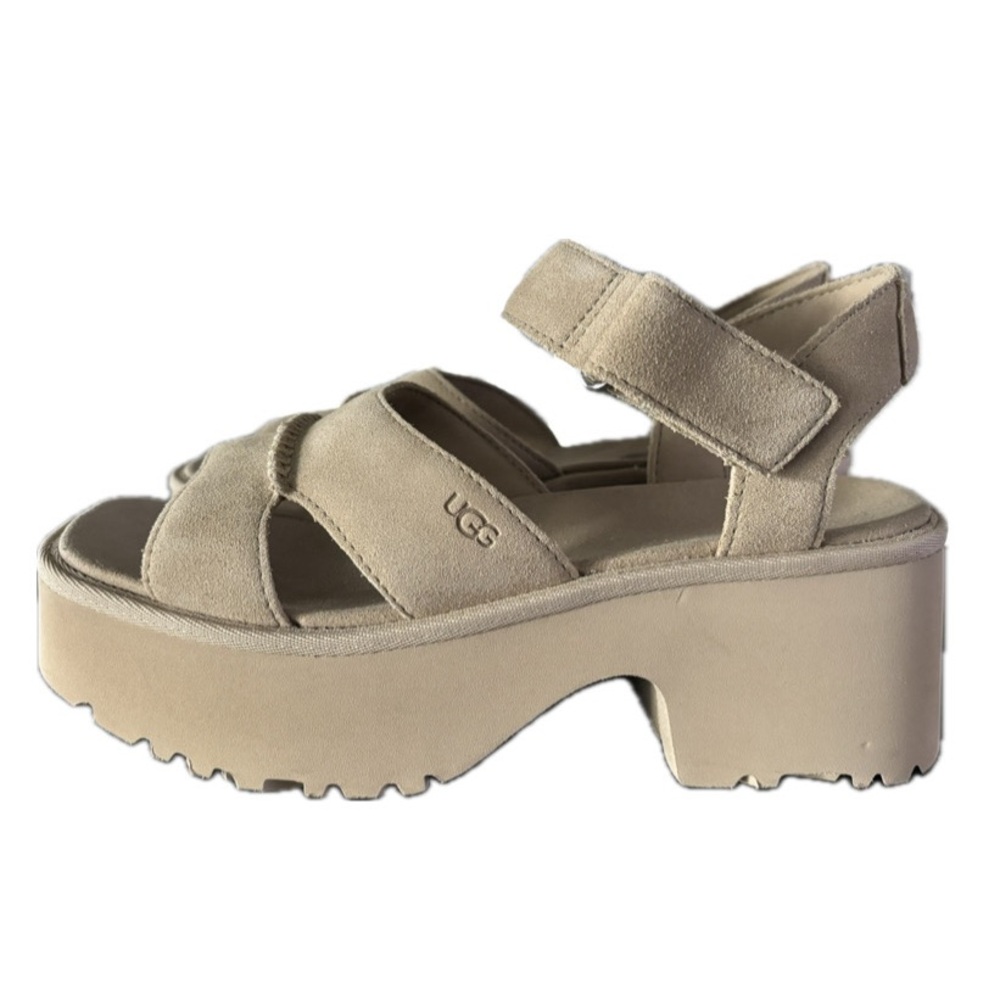 (SOLD) UGG WOMEN 8 NEW HEIGHTS PLATFORM SANDAL IN MUSTARD SEED NWOB CUSHIONED - Picture 4 of 10